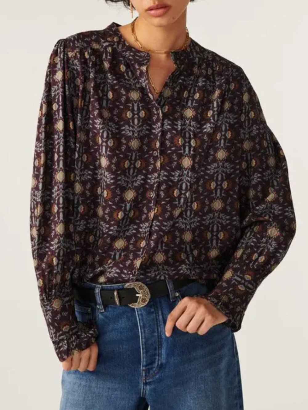 ba&sh Plum Floral Print Long Sleeve Blouse